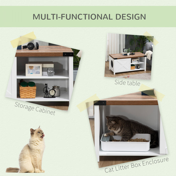 Pawhut Boite A Litiere Pour Chat Avec Porte Coulissante, Banc De Rangement De Toilettes Pour Chat Avec Trou, Table D'extremite Pour Maison D'interieur Pour Chat Avec Structure En Bois Solide, Blanc