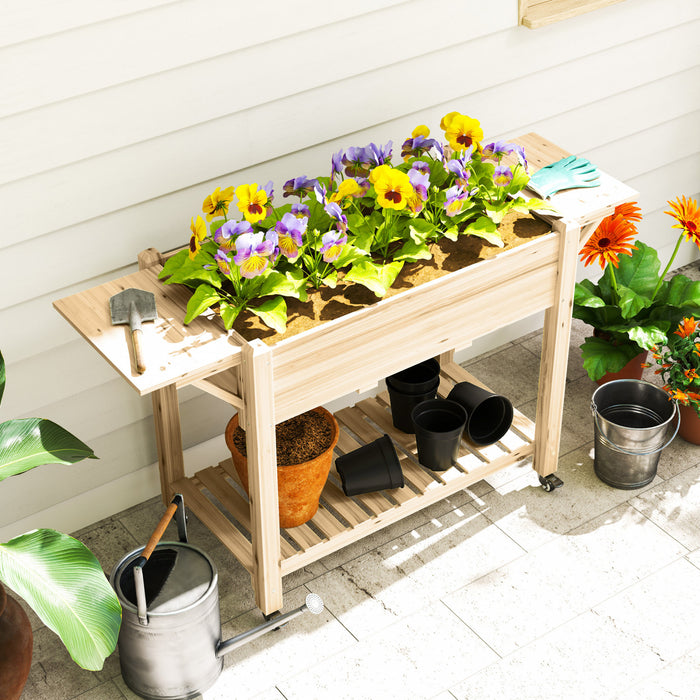 Outsunny Lit de jardin sureleve, jardiniere en bois avec etagere, naturel