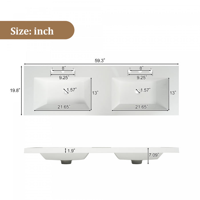 Ethan meuble de salle de bain double vasque 59,3 pouces avec rangement a fermeture douce, bois