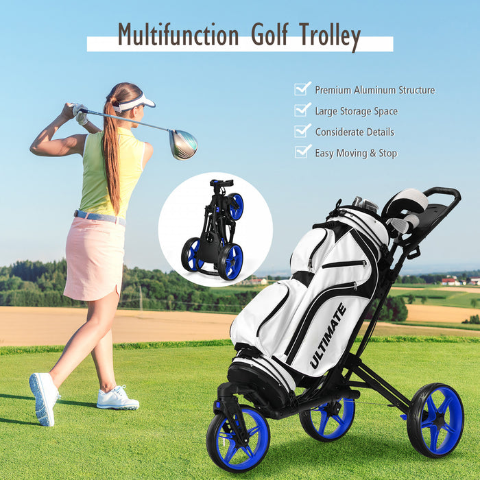 Goplus Pliant Golf Pousser Chariot W / Tableau De Bord Poignee Reglable Roue Pivotante Bleu