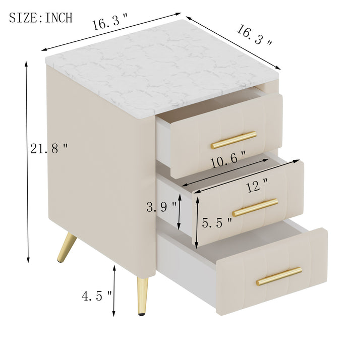 Table de chevet Dylan en bois rembourre avec 3 tiroirs et pieds en metal, beige