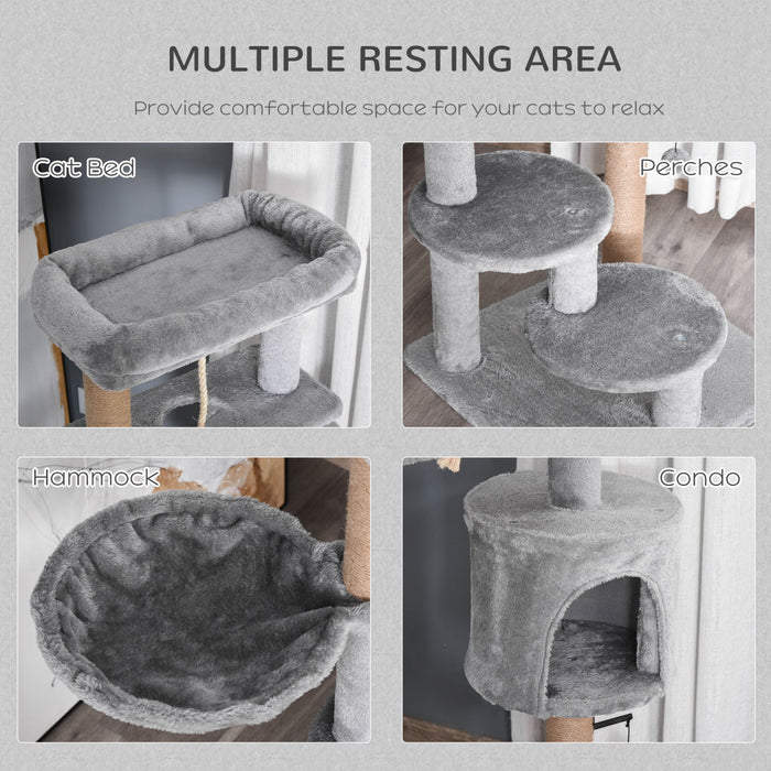Pawhut Arbre A Chat, Tour A Chat A Plusieurs Niveaux De 47 Po Avec Griffoir, Hamac, Condo Pour Chat, Perchoir, Balle Jouet, Grand Arbre A Chat Pour Chat D'interieur, Gris