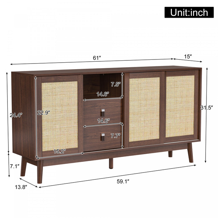 Oliver 61\" Buffet avec Portes Coulissantes en Rattan et Tiroirs, Marron Fonce