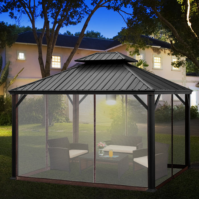 Costway 12ft X 10ft Hardtop Gazebo Exterieur A 2 Niveaux En Acier Galvanise Canopy Brun