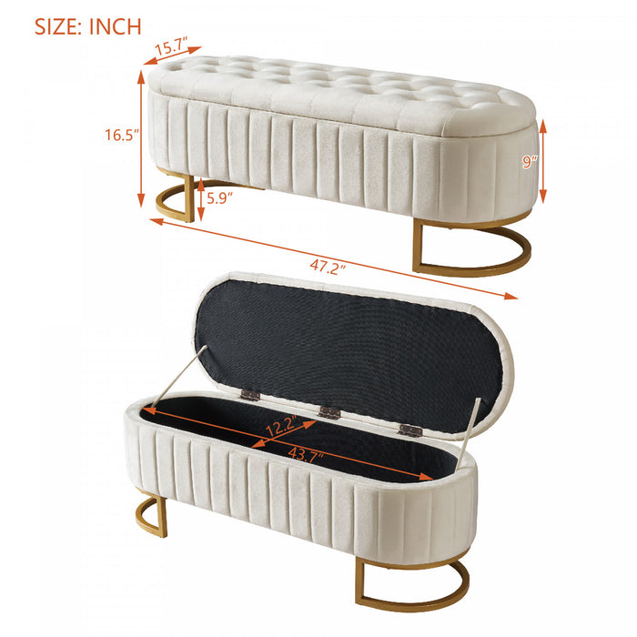Banc de rangement elegant Amelia en velours capitonne avec pieds en metal, beige