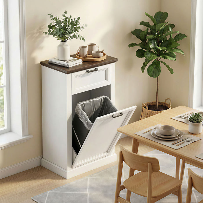 HOMCOM Meuble a Poubelle Basculant 38L avec Tiroir Effet Bois Blanc
