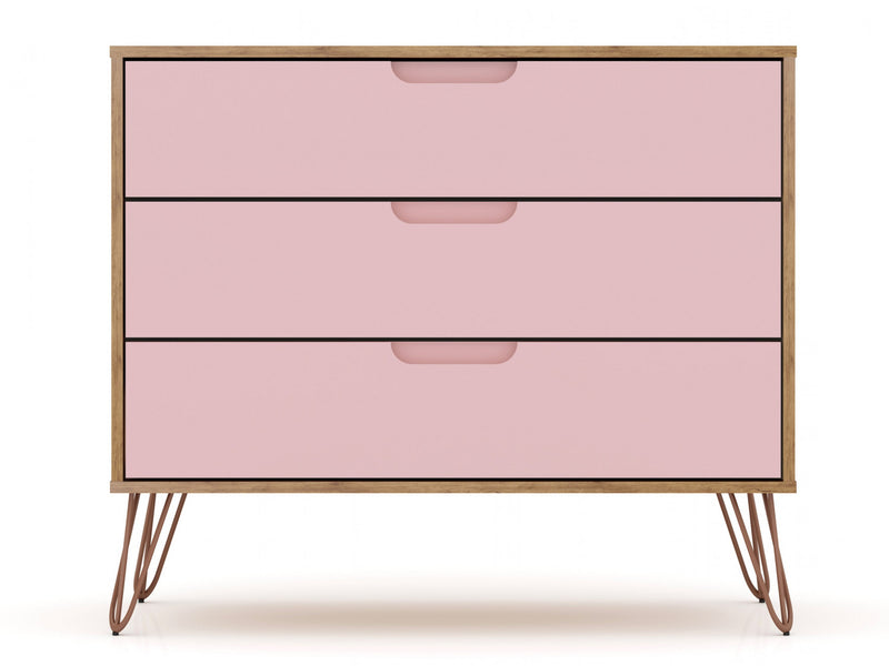 Commode Rockefeller Mid-Century Modern 89 cm en rose (3 tiroirs) – Lot de 2