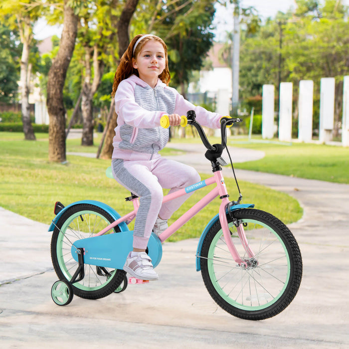 Costway 18\" Velo Pour Enfants Avec Guidon De Selle Reglable Roues D'entrainement Amovibles Frein A Main Rose