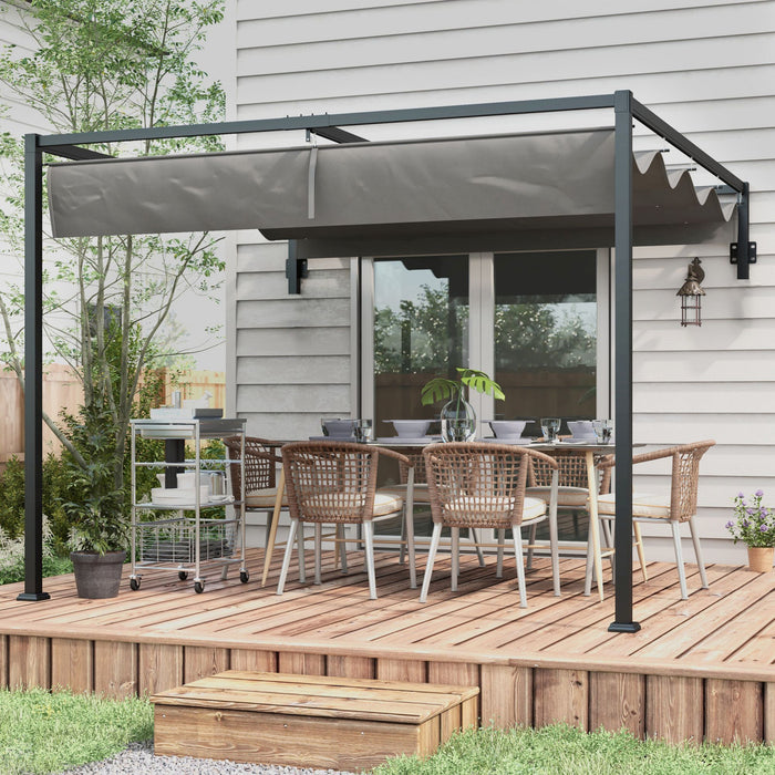 Outsunny Auvent De Pergola Retractable De 10' X 10', Adosse A La Pergola, Pavillon De Jardin Mural, Abri Pare-soleil Exterieur Pour Grill, Patio, Terrasse