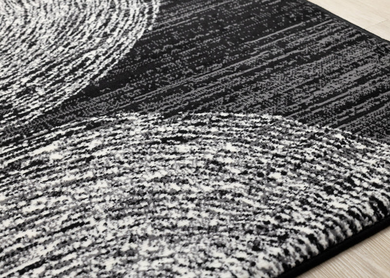 Tapis Florence noir, gris et blanc a motif d'anneaux d'arbre, 6'7\" x 9'6\"