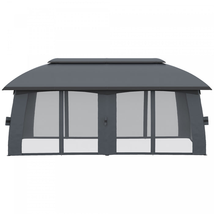 Outsunny Tonnelle De Terrasse 10' X 20', Abri Exterieur Avec Filet Et Rideaux, Toit Ventile, Cadre En Acier Pour Jardin, Pelouse, Arriere-cour Et Terrasse, Gris Fonce
