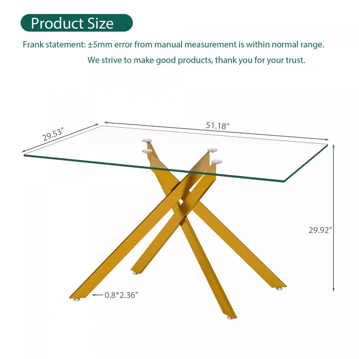 Table a manger rectangulaire en verre trempe de 51,18\" Ethan avec pieds metalliques elegants, doree