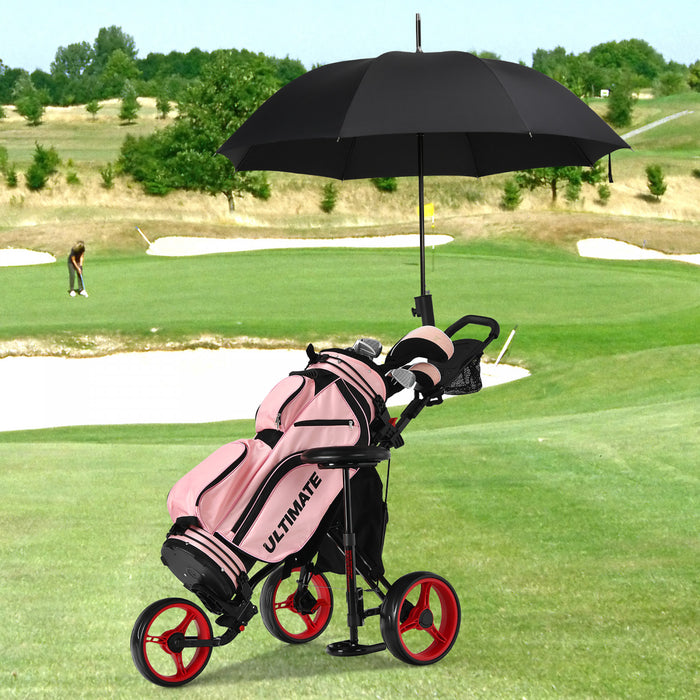 Chariot De Golf A 3 Roues, Chariot Leger Avec 4 Hauteurs Reglables, Chariot De Golf Pliable Avec Porte-parapluie Reglable Et Siege Hydraulique, Sac De Rangement, Porte-boisson, Frein A Pied