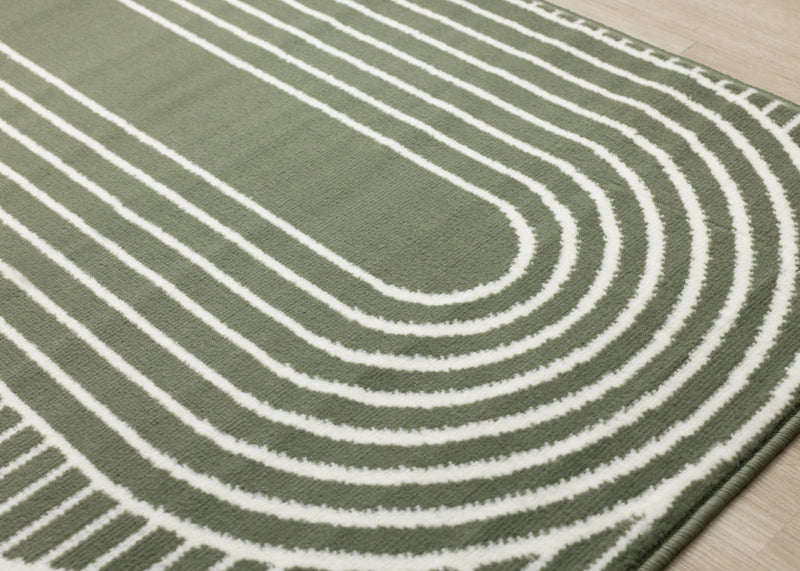 Tapis Florence vert et blanc a motifs geometriques modernes en arches, 4'7\" x 6'7\"