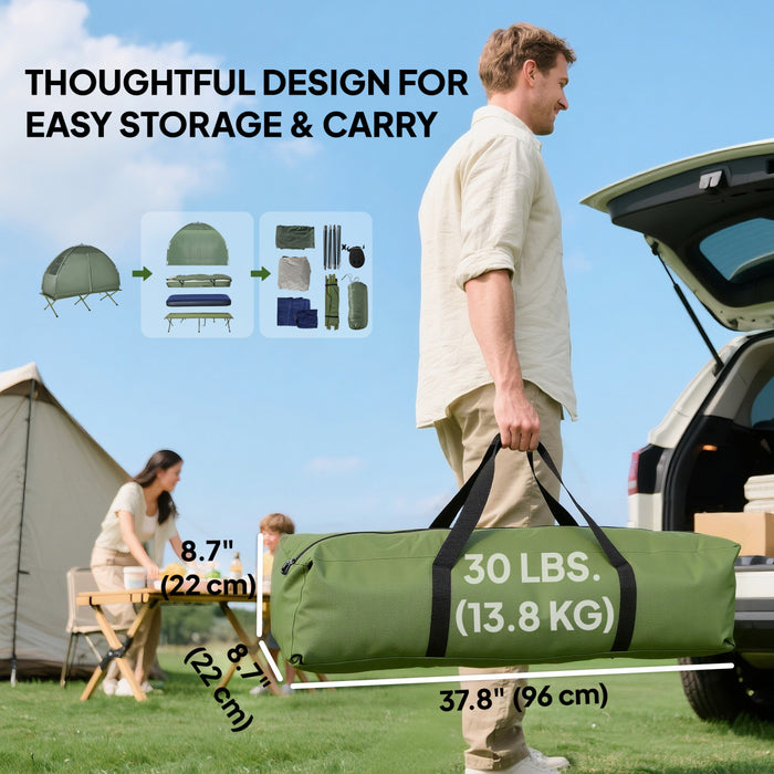 Tente-lit de camping 4-en-1 Outsunny, lit sureleve pour 1 personne avec matelas gonflable, sac de couchage et oreiller