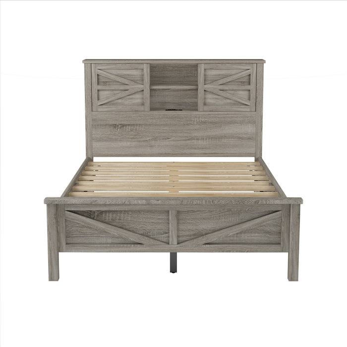 Madison Ensemble de chambre avec lit plateforme style ferme, rangement et station de recharge, taille Full, gris