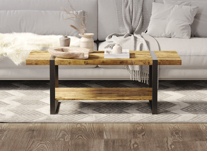 Table à café de 44 po avec base en métal noir - bois recyclé brun