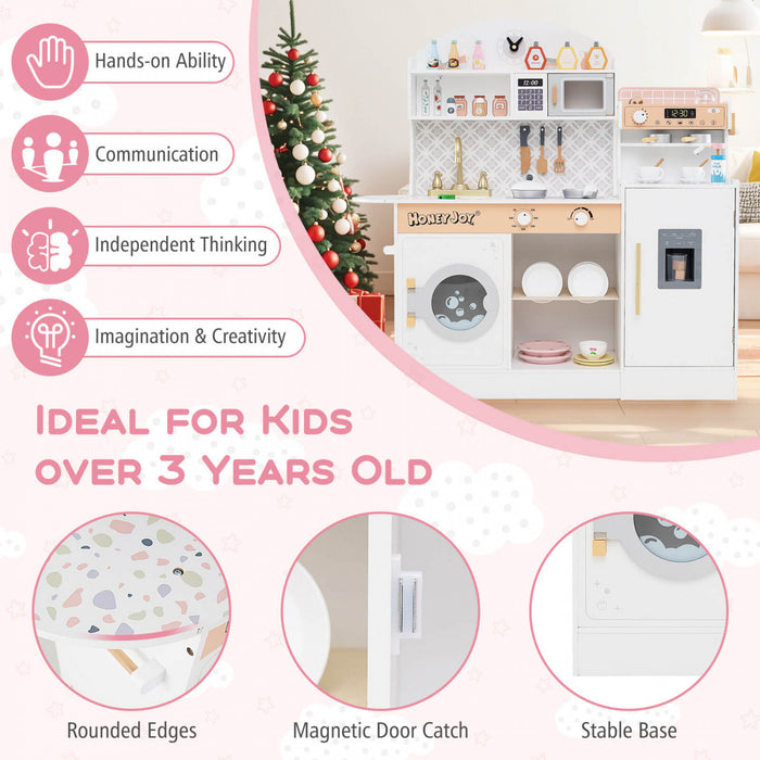 Honeyjoy Jeu De Cuisine Pour Enfants Jeu De Cuisine En Bois Avec Horloge, Micro-ondes, Evier, Plateau Blanc