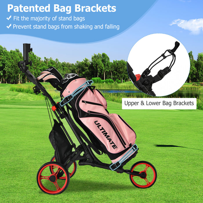 Chariot De Golf Pliable A 3 Roues, 4 Positions De Hauteur Reglables, Chariot De Golf Leger, Chariot De Golf En Aluminium Avec Porte-ombrelle Reglable, Sac Etanche, Glaciere Integree, Frein A Pied, Ouverture Et Fermeture Rapides.