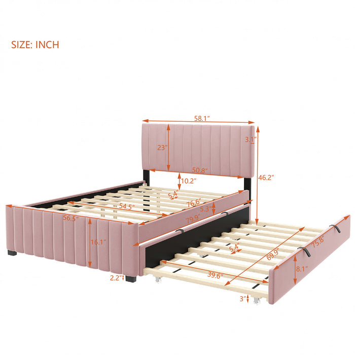 Lit plateforme Ethan rembourre en velours, gain de place, avec tiroir gigogne, taille full, rose