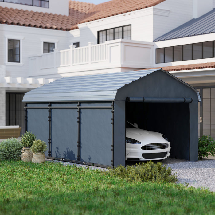 Outsunny Abri D'auto 10'x15' Avec Toit En Metal, Parois Laterales Amovibles