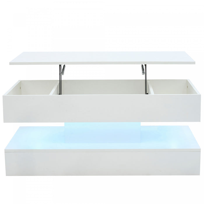 Flexi Table Basse Relevable Hydraulique 39.9 po avec Eclairage LED et Rangement Cache, Blanc