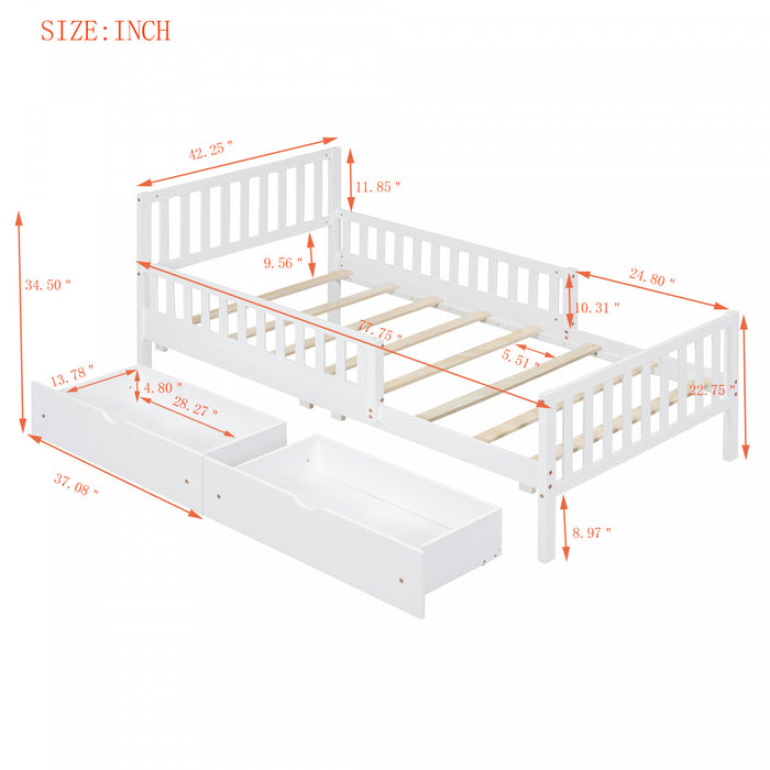 Emma – Lit Plateforme en Bois avec Barrieres de Protection et Tiroirs de Rangement, Format Simple - Blanc