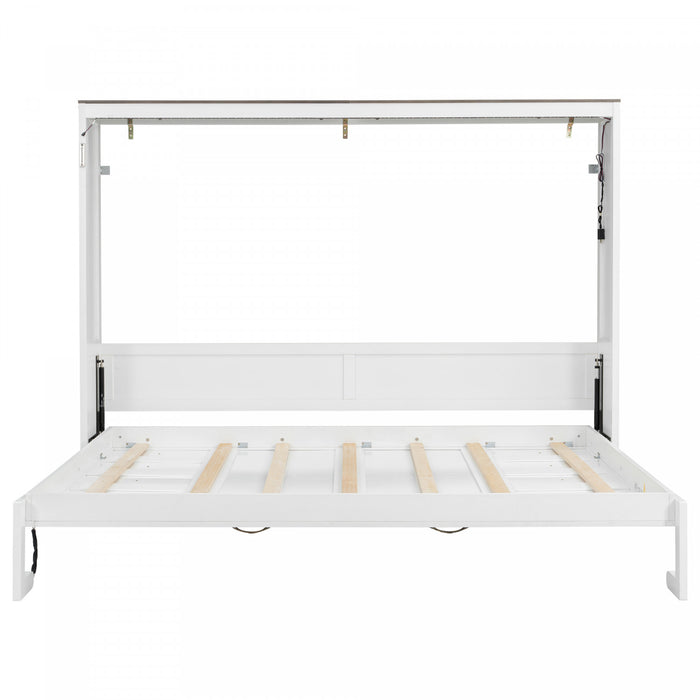 Lit escamotable Olivia en bois massif avec lumiere LED et armoire pliante, taille full, blanc