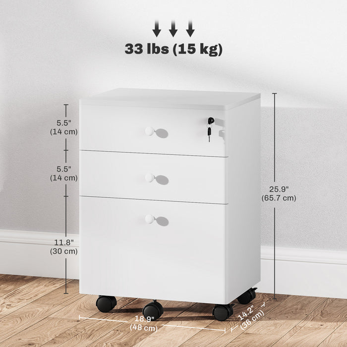 HOMCOM Classeur a 3 tiroirs avec serrure, classeur mobile, blanc