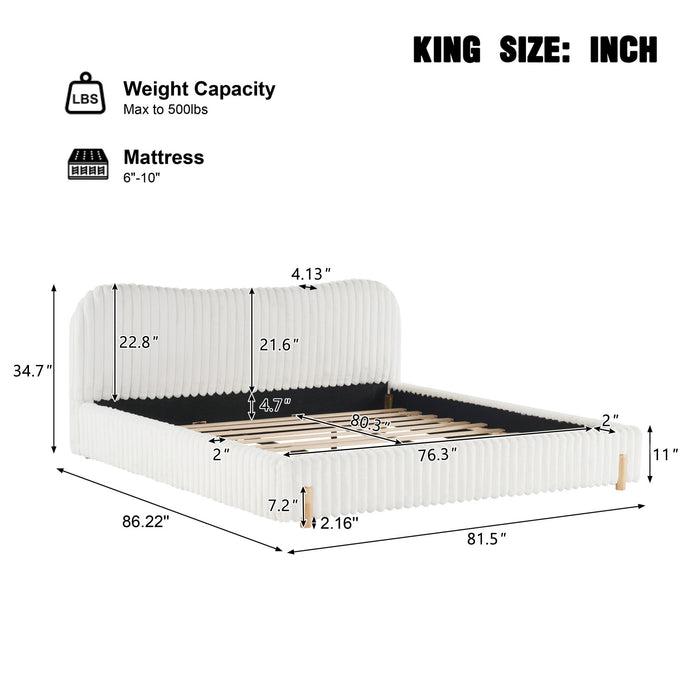 Lit Luna Rembourre avec Tete de Lit Moelleuse, Taille King - Blanc