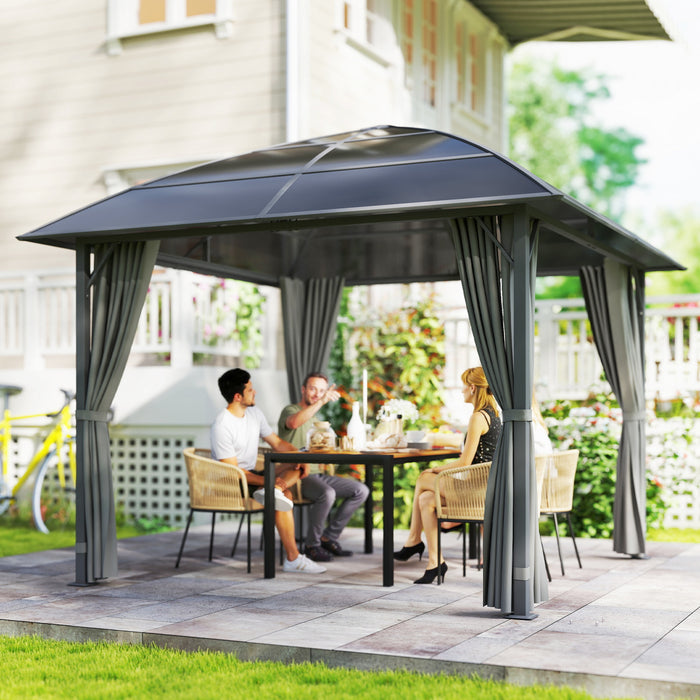 Tonnelle rigide Outsunny 3x3 m avec toit en polycarbonate UV60+ et rideaux