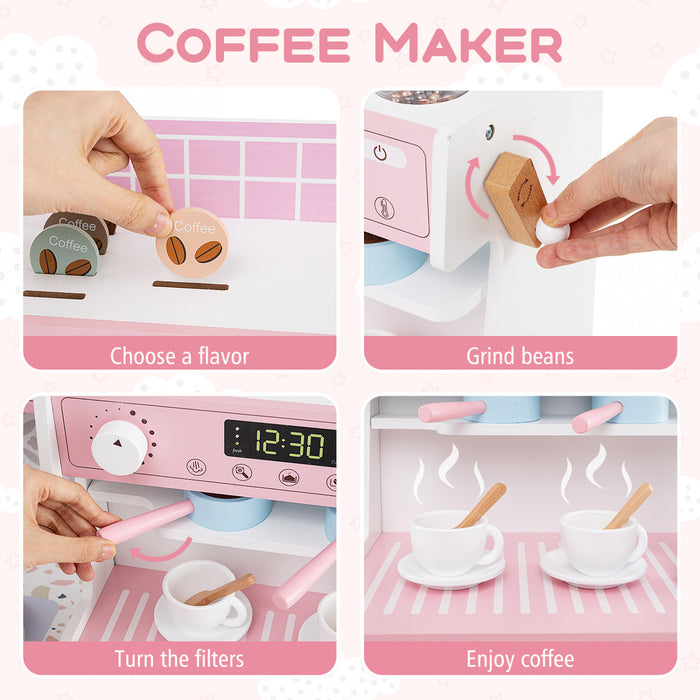 Honeyjoy Jeu De Cuisine Pour Enfants Jeu De Cuisine En Bois Avec Horloge, Micro-ondes, Evier, Plateau Rose
