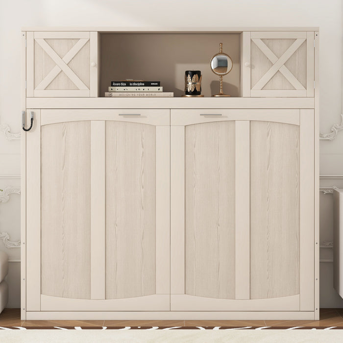 Lit escamotable Ethan en bois massif avec armoires de rangement, taille queen, beige
