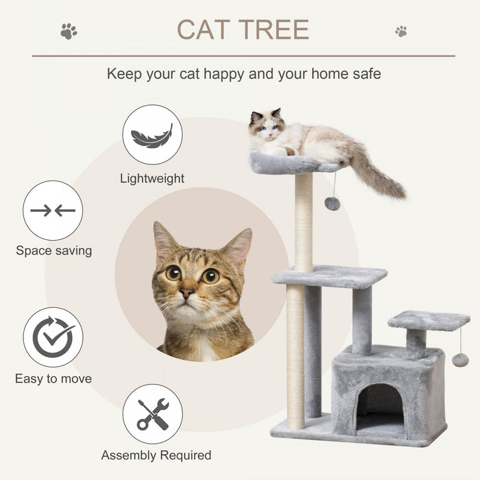 Pawhut Arbre A Chat D'interieur, Condo A Plusieurs Niveaux Avec Griffoir En Sisal, Perchoir, Boule A Suspendre, Gris Clair