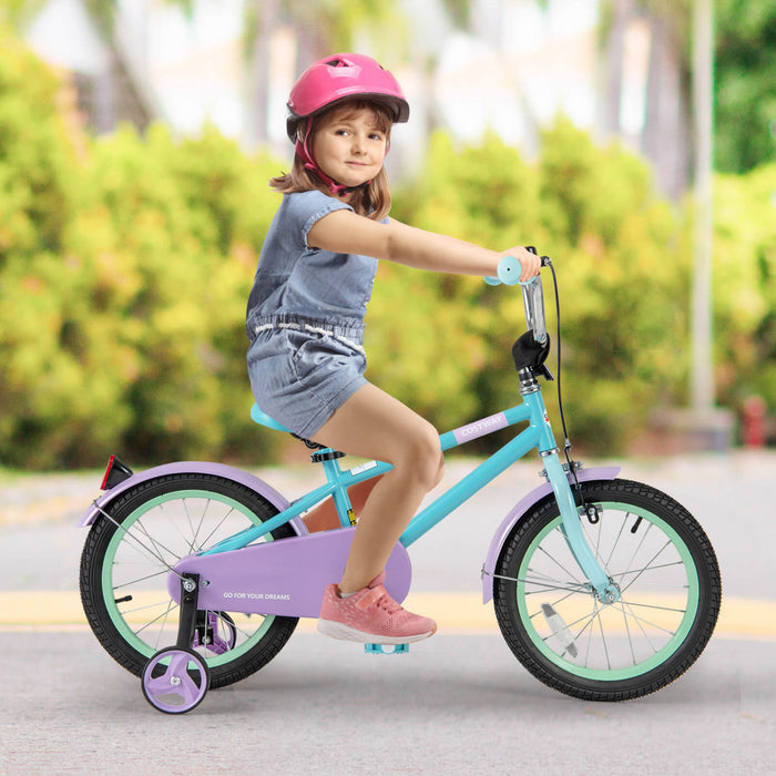 Costway 16\" Velo Pour Enfants Avec Guidon Reglable De Selle Roues D'entrainement Amovibles Frein A Main Bleu