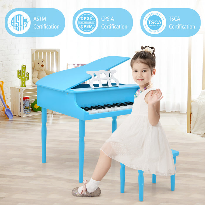 Costway Piano a Queue Classique Bebe 30 Touches, Jouet en Bois pour Bout de Chou avec Banc et Porte-Partition - Bleu