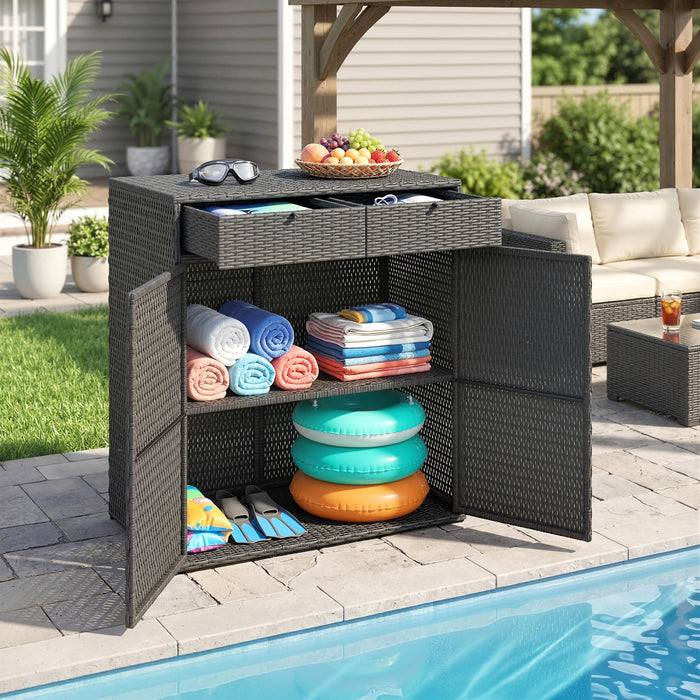 Meuble de rangement exterieur en rotin Outsunny avec 2 tiroirs et etageres, Gris fonce