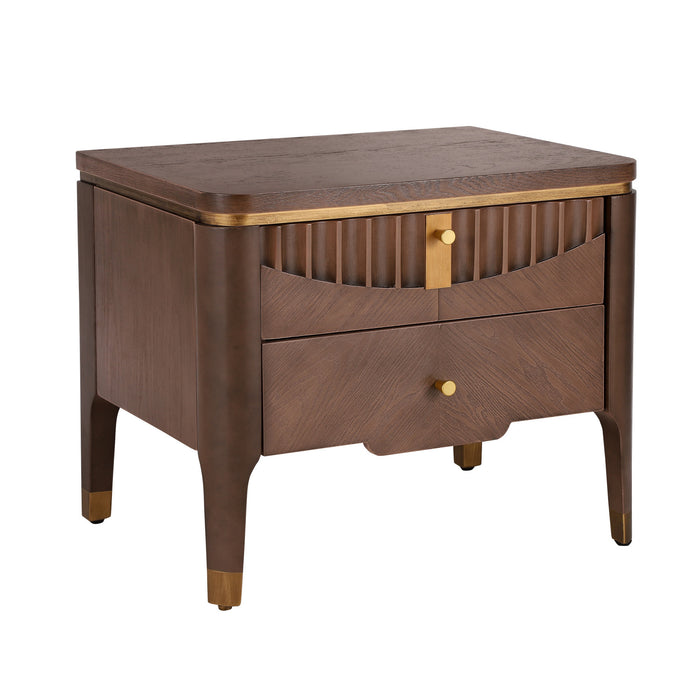 La table de nuit moderne Liam avec design en vague et 2 tiroirs de rangement, couleur marron