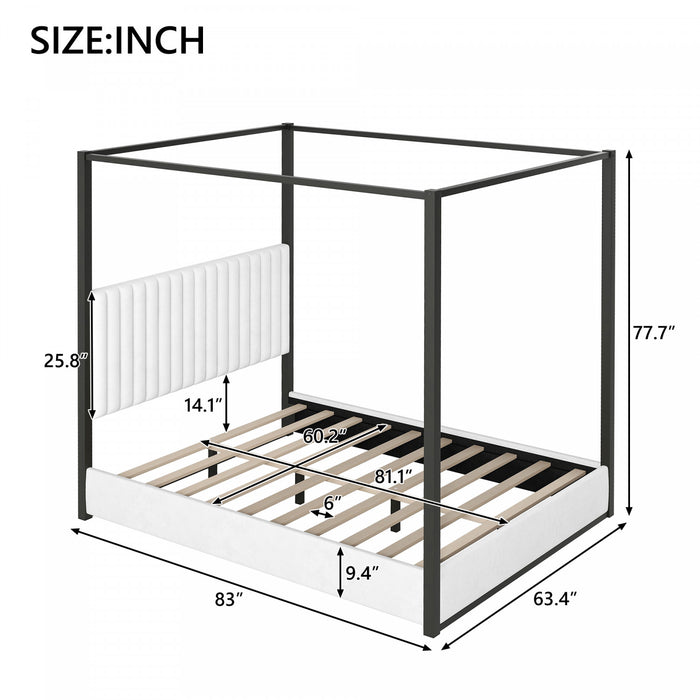 Lit plateforme Sophia a baldaquin avec tete de lit en mousse et velours, taille queen, noir