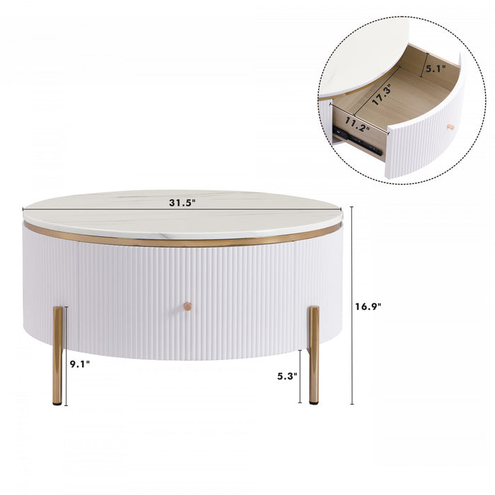 Table Basse Ronde Moderne Nelson De 31,5\" Avec 2 Tiroirs De Rangement, Blanche