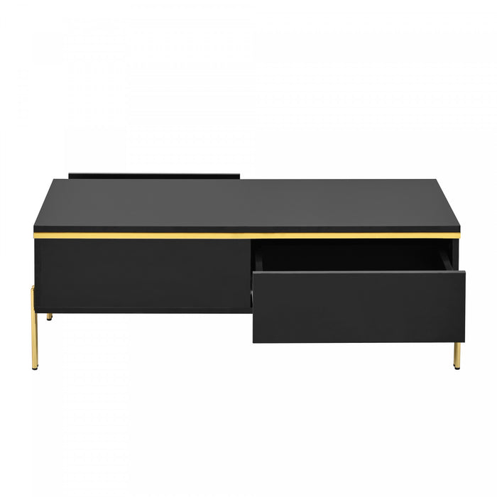 Lustra Table Basse Moderne Haute Brillance 39.4 po avec Double Tiroirs et Accents Dores, Noir