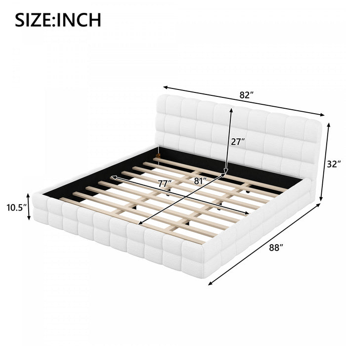 Lit plateforme moderne Emma rembourre avec structure en bois massif confortable, taille king, blanc