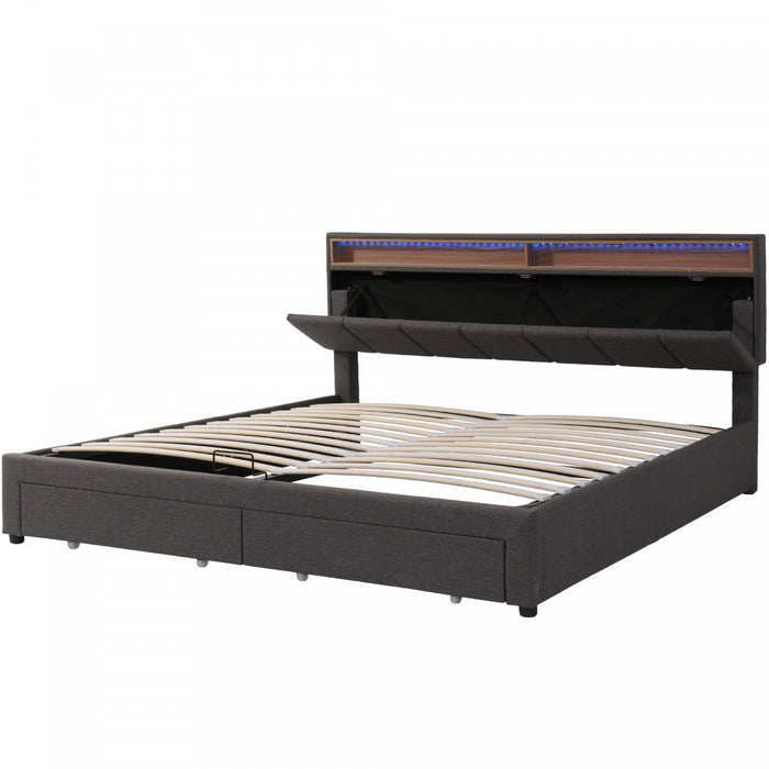 Lit de stockage hydraulique rembourre Kelly avec tete de lit eclairee LED et tiroirs integres, taille Queen, gris