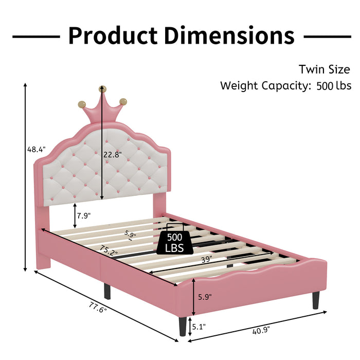 Lily Lit de Princesse Fantaisie Couronne Elegante avec Tete de Lit en Cuir PU Capitonne, Taille Twin