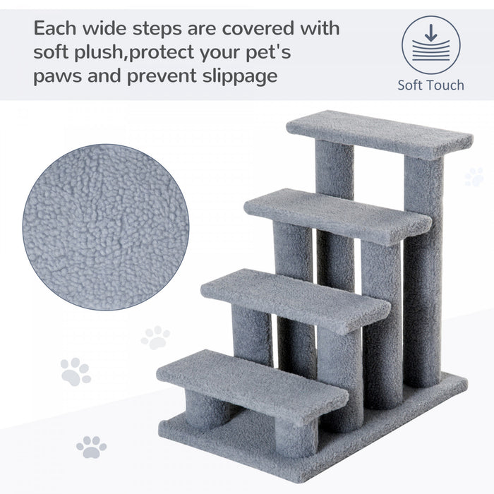 Pawhut 24'' Arbre A Chat Escalier Pour Animaux Chats Avec Griffoirs 4 Marches Panneaux De Particules Peluche Courte Gris