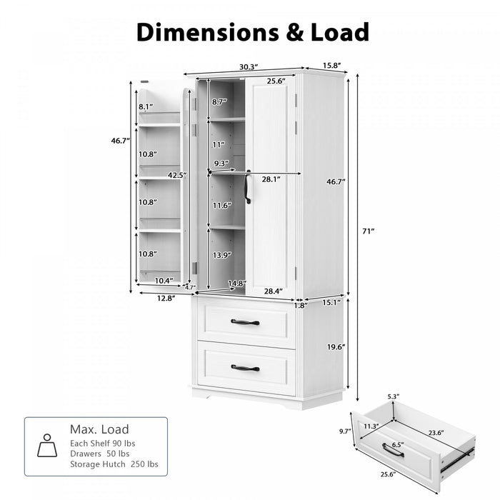 Armoire De Rangement Angela 71\" Avec Etageres Reglables Et 2 Tiroirs - Blanche