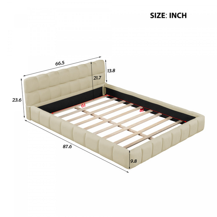 Lit plateforme rembourre Jessica avec tissu en lin confortable et cadre robuste, taille Queen, beige