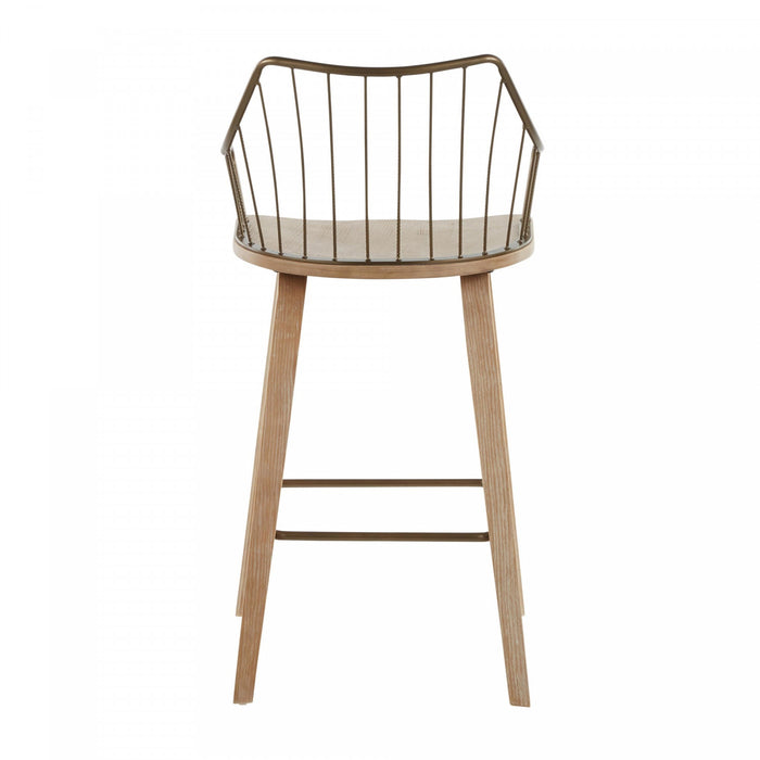 Tabouret champêtre Winston de hauteur comptoir en bois - blanchi et cuivre antique