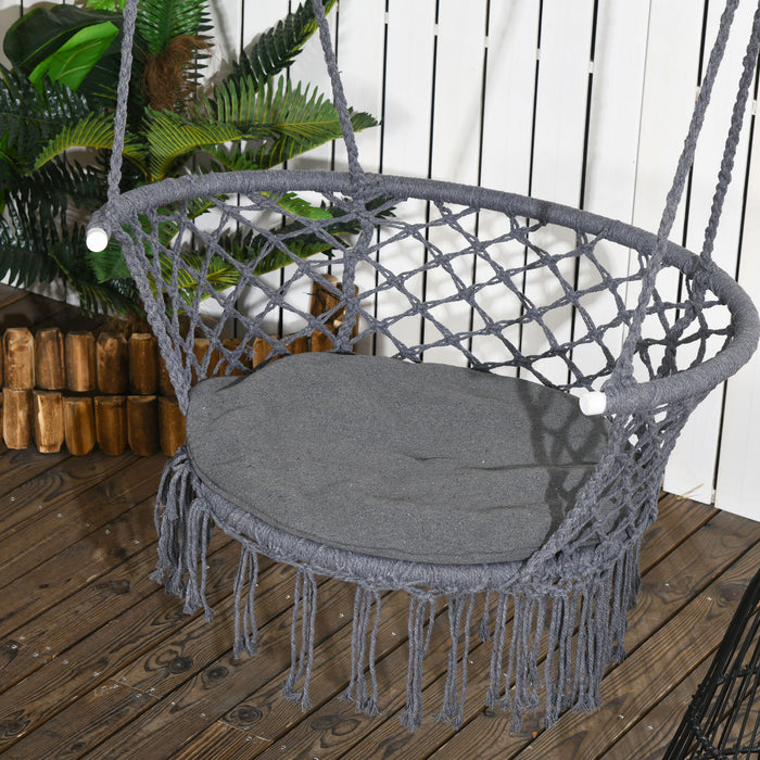 Outsunny Chaise Suspendue Hamac, Balancoire De Porche En Corde De Coton Avec Cadre Metallique Et Coussin, Grand Siege En Macrame Pour Le Patio Jardin Chambre Salon Gris Fonce