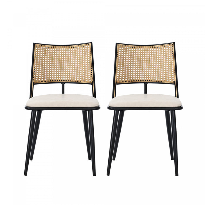 Chaises de salle a manger modernes Oliver avec assise rembourree en PU et dossier en rotin PE, lot de 2, noir